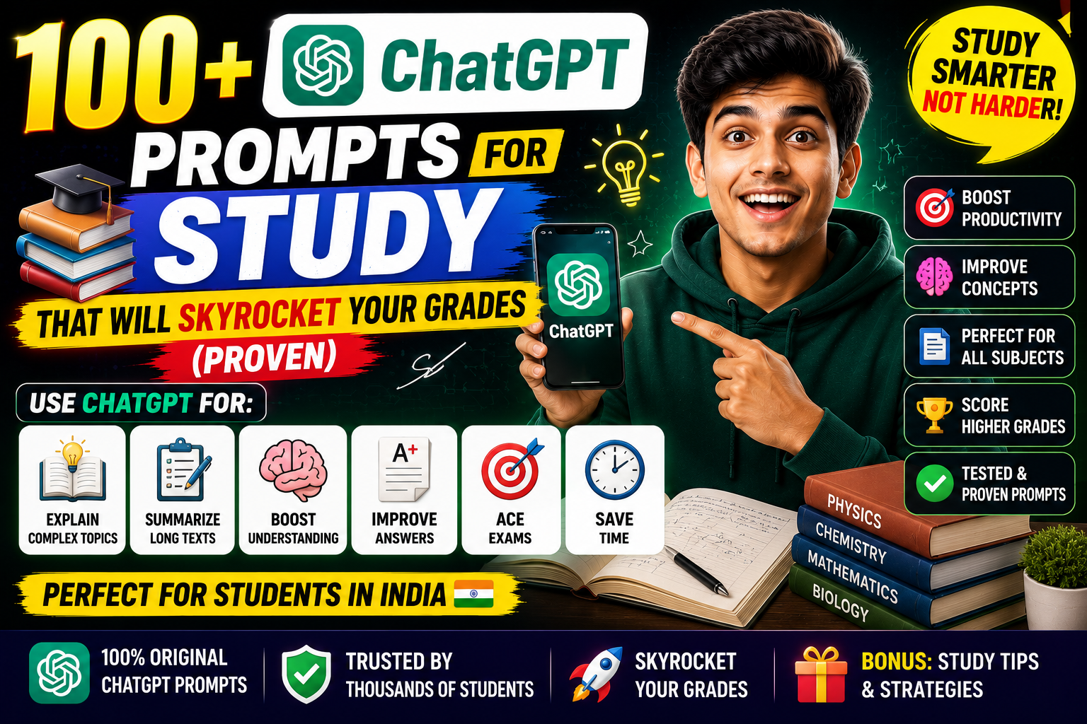 ChatGPT prompts for study – Indian student using laptop with ChatGPT open, surrounded by books and notebooks
