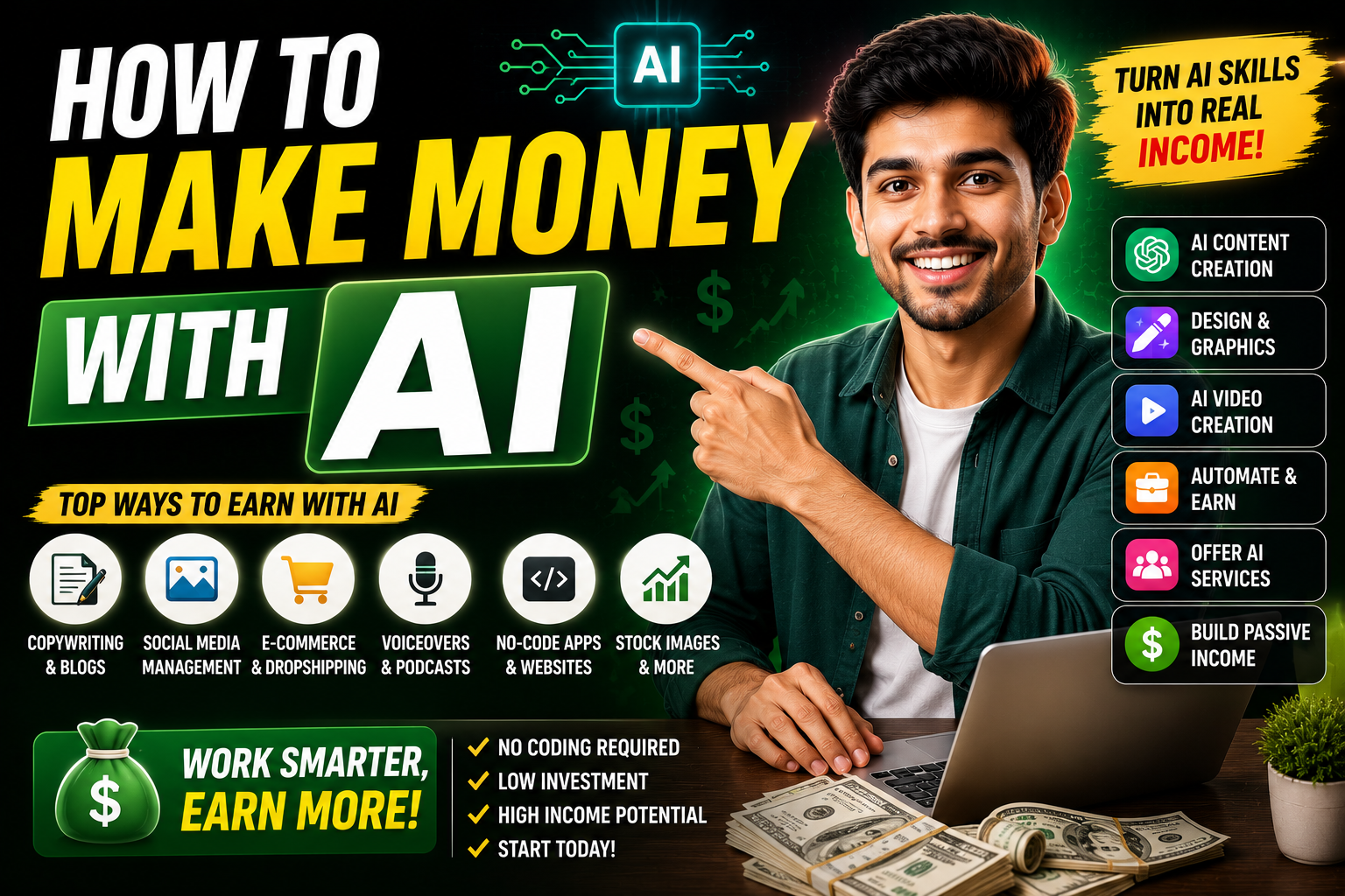 How to make money with AI – Indian freelancer working on laptop with multiple income streams shown around