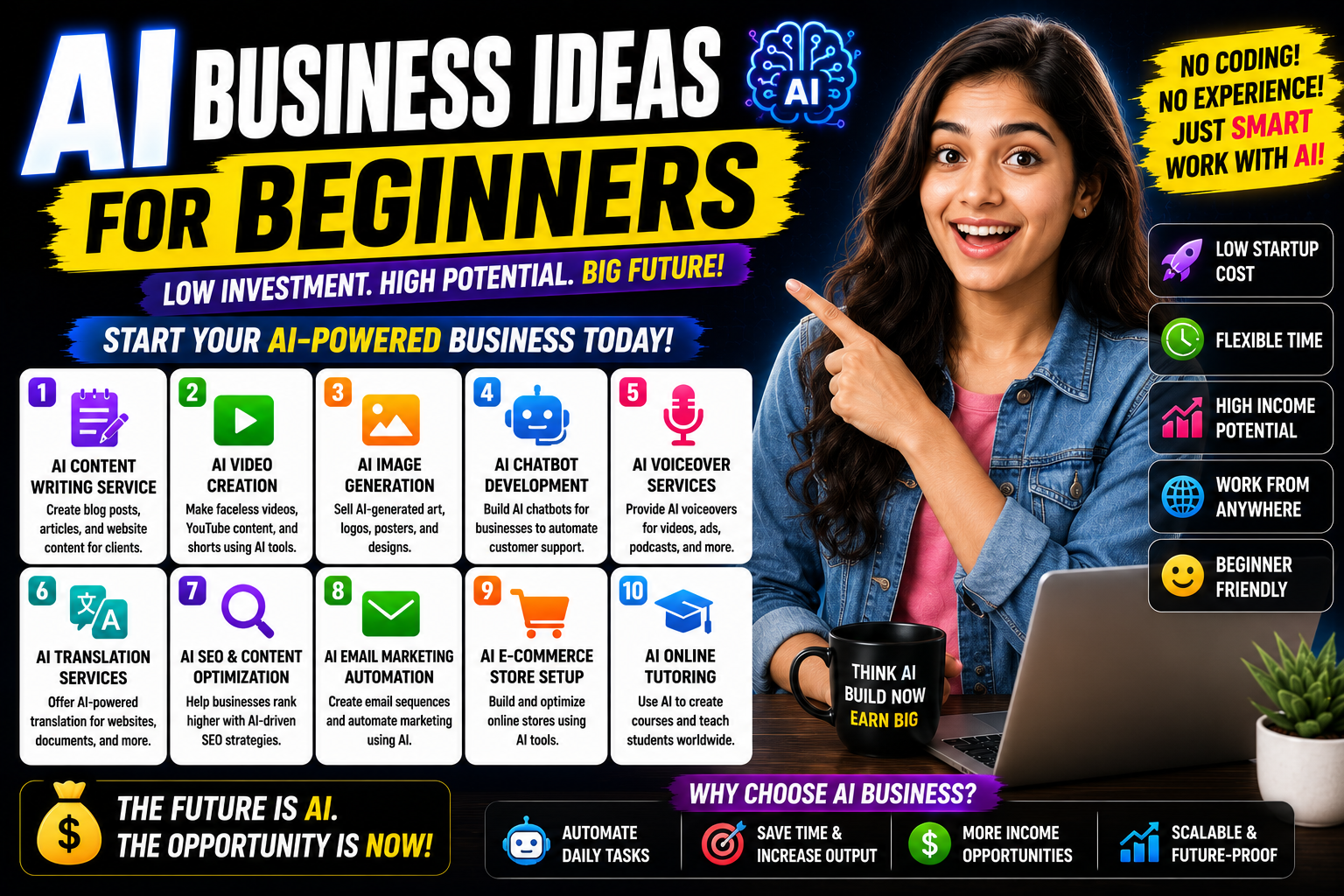 AI business ideas for beginners – Indian entrepreneur working from home laptop with multiple AI business icons around