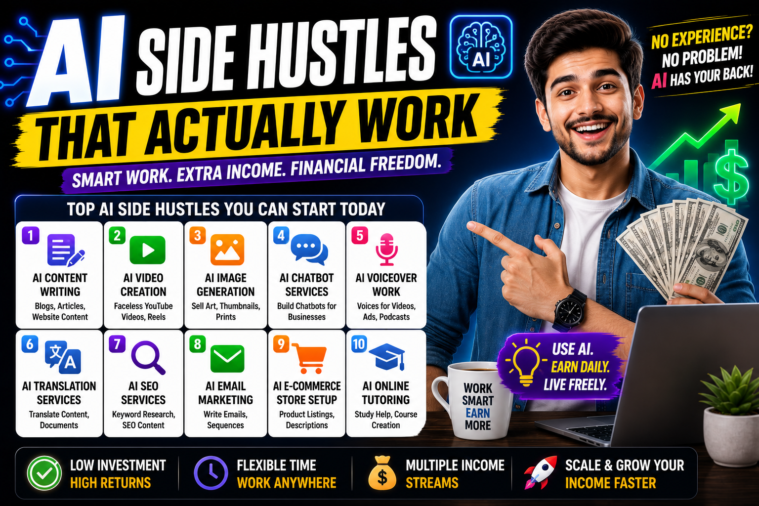 AI side hustles that actually work – Indian person working on laptop with multiple income icons and rupee symbols around them