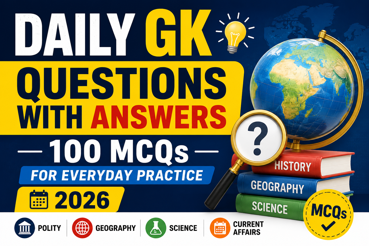 Daily GK questions with answers – a calendar showing daily practice with checkmarks and a person studying with a cup of tea