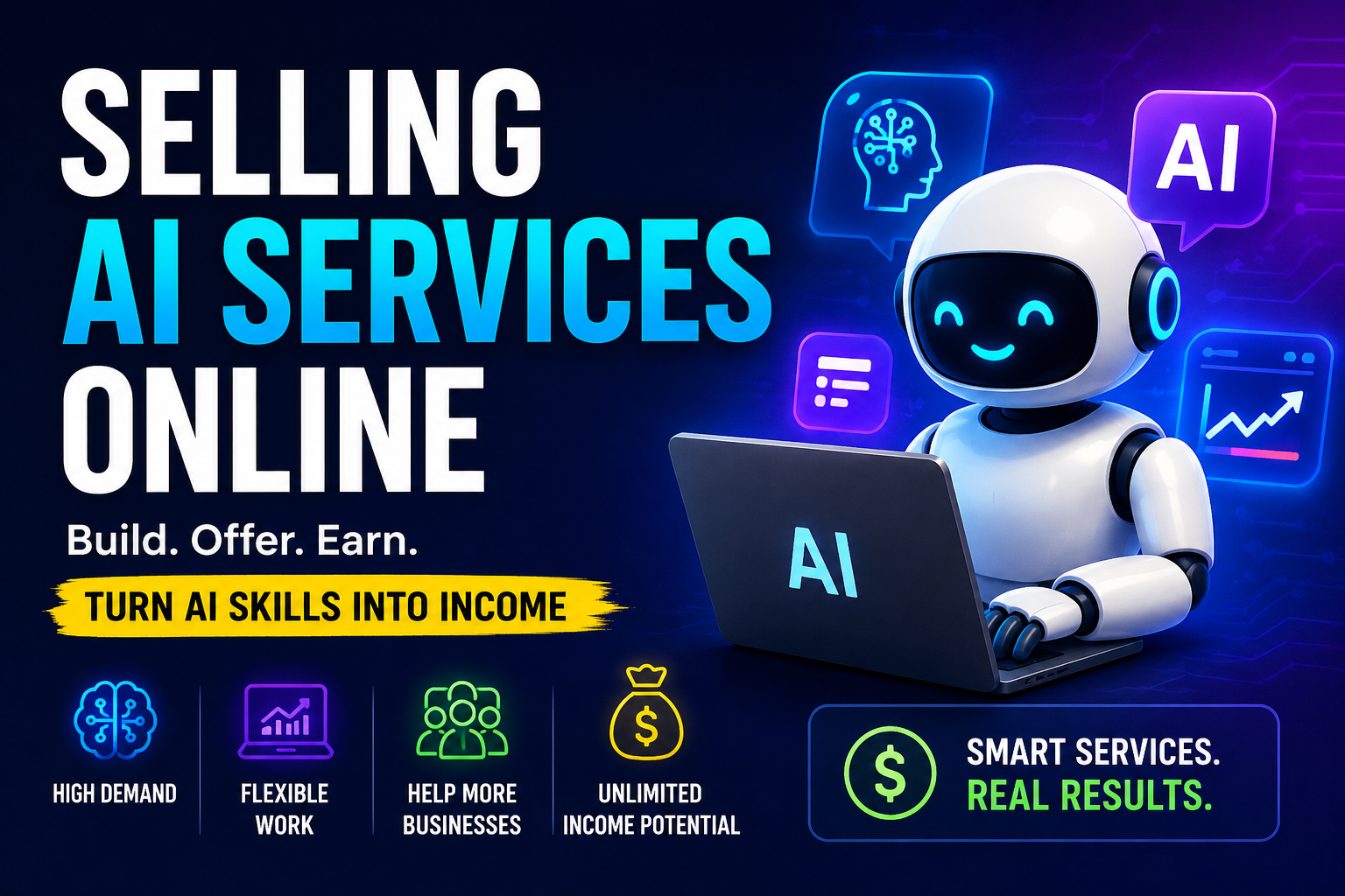 Selling AI services online – Indian freelancer on laptop with multiple client screens and dollar signs showing global earnings