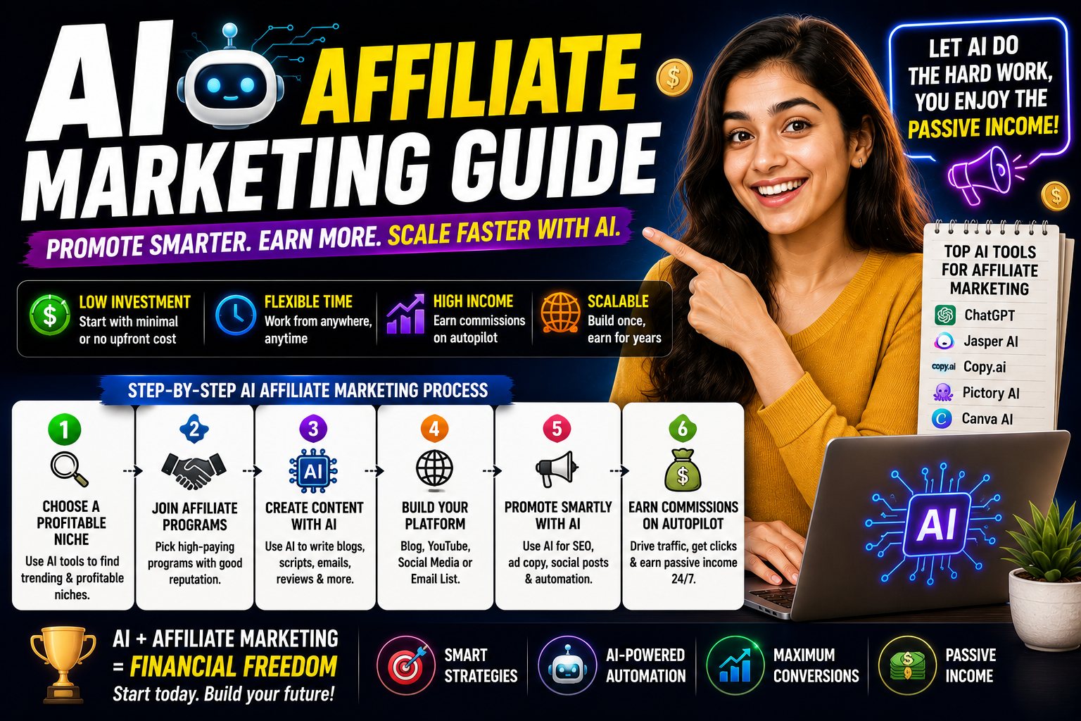AI affiliate marketing guide – Indian creator with laptop showing affiliate dashboard and AI tools on screen
