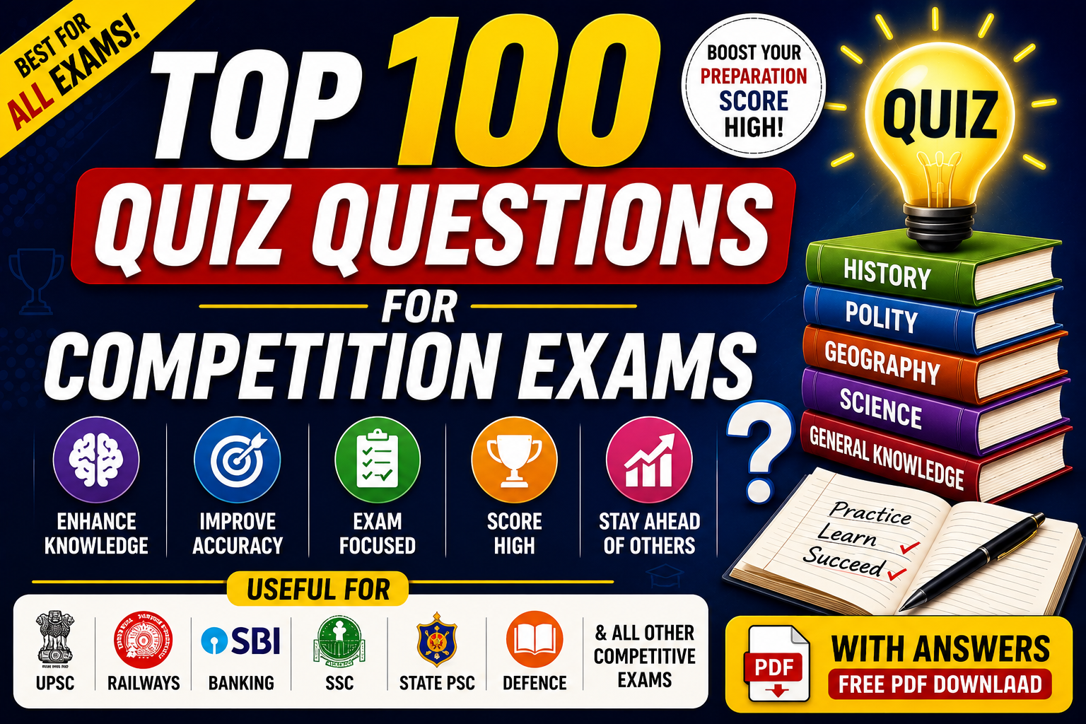 Top 100 Quiz Questions For Competition Exams – With Answers