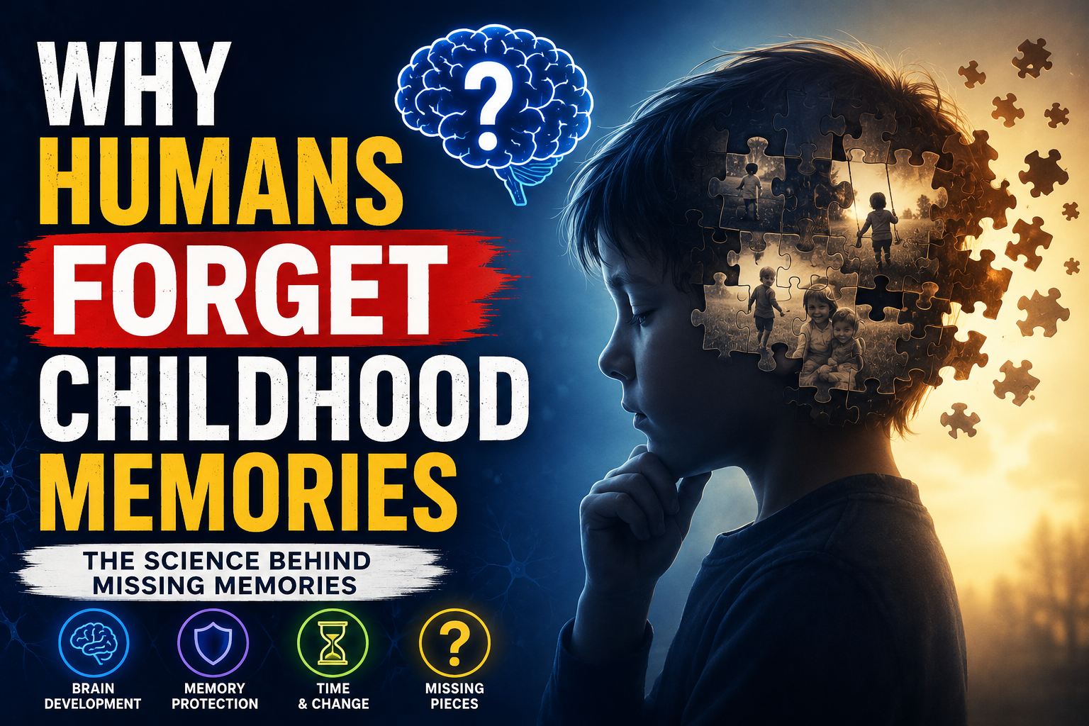 Why humans forget childhood memories – child playing with toys while brain scan overlay shows developing neural connections